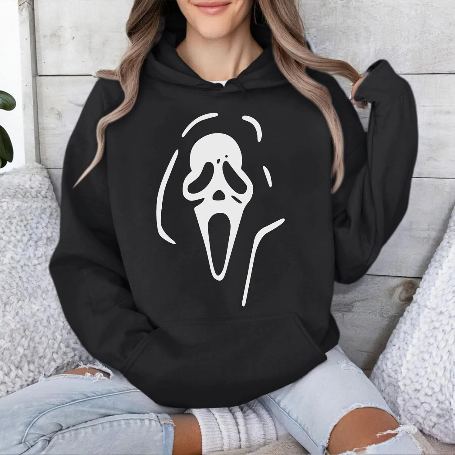 Ghostface Print Graphic Hoodies for Women Halloween Funny Spooky Hooded Sweatshirt Vintage Pullover Casual Tops