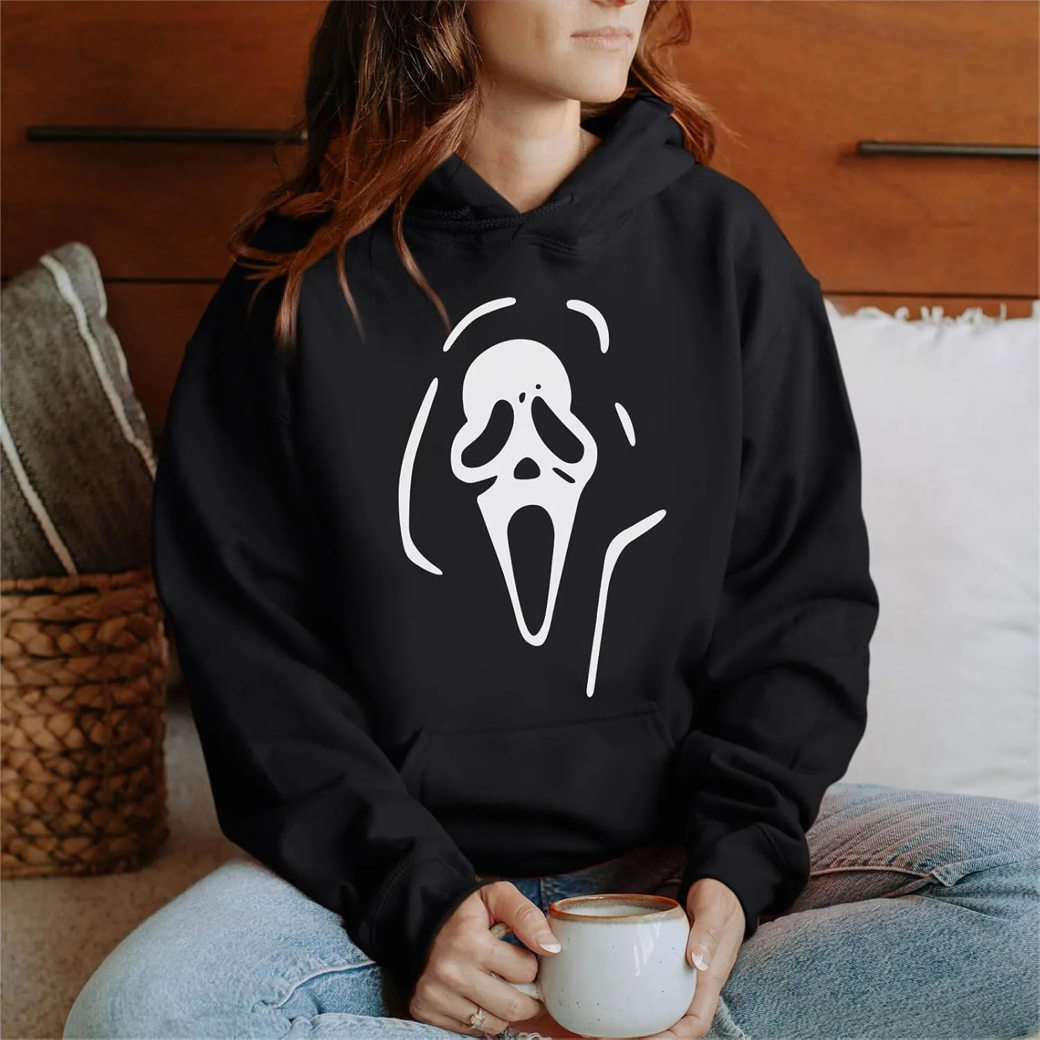 Ghostface Print Graphic Hoodies for Women Halloween Funny Spooky Hooded Sweatshirt Vintage Pullover Casual Tops