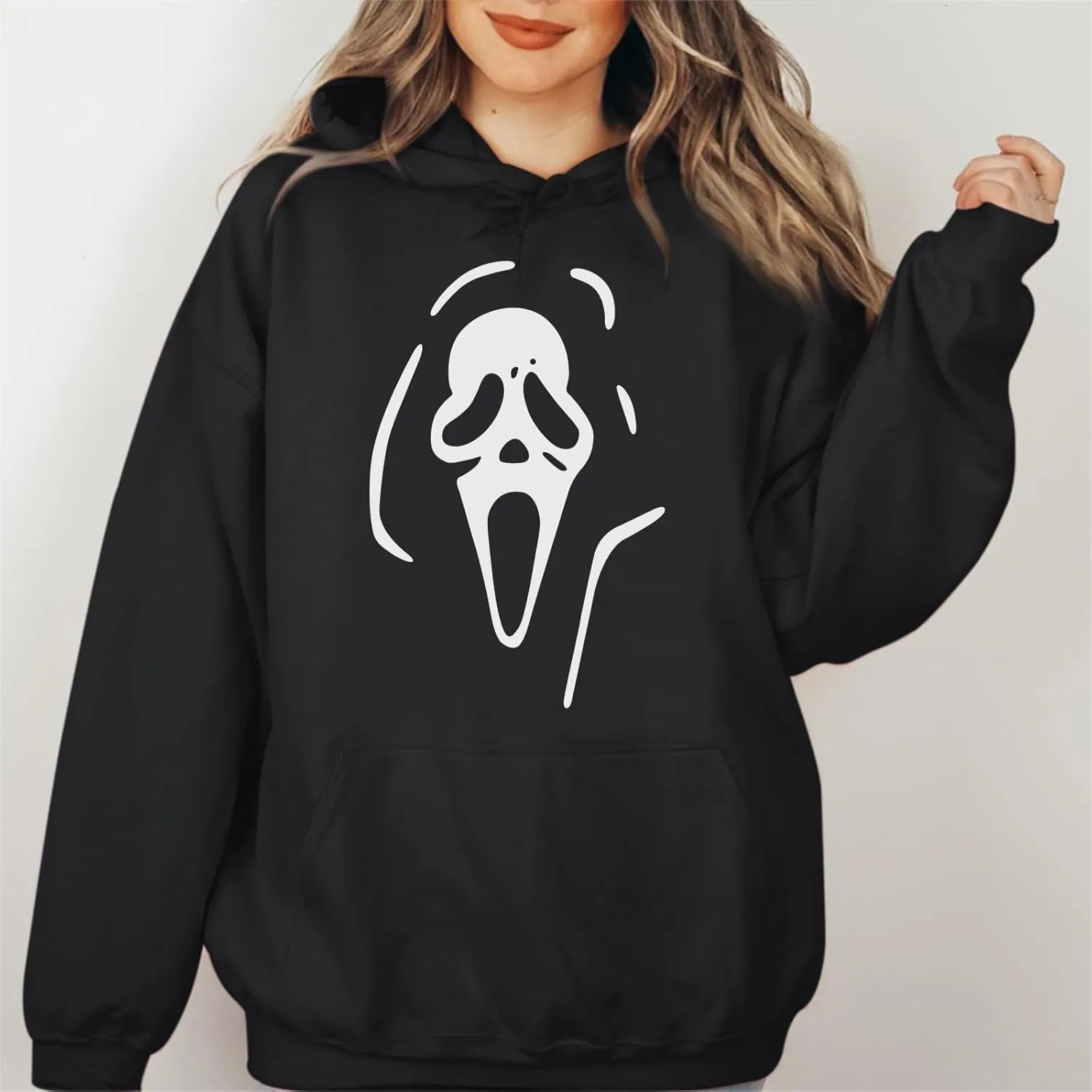 Ghostface Print Graphic Hoodies for Women Halloween Funny Spooky Hooded Sweatshirt Vintage Pullover Casual Tops