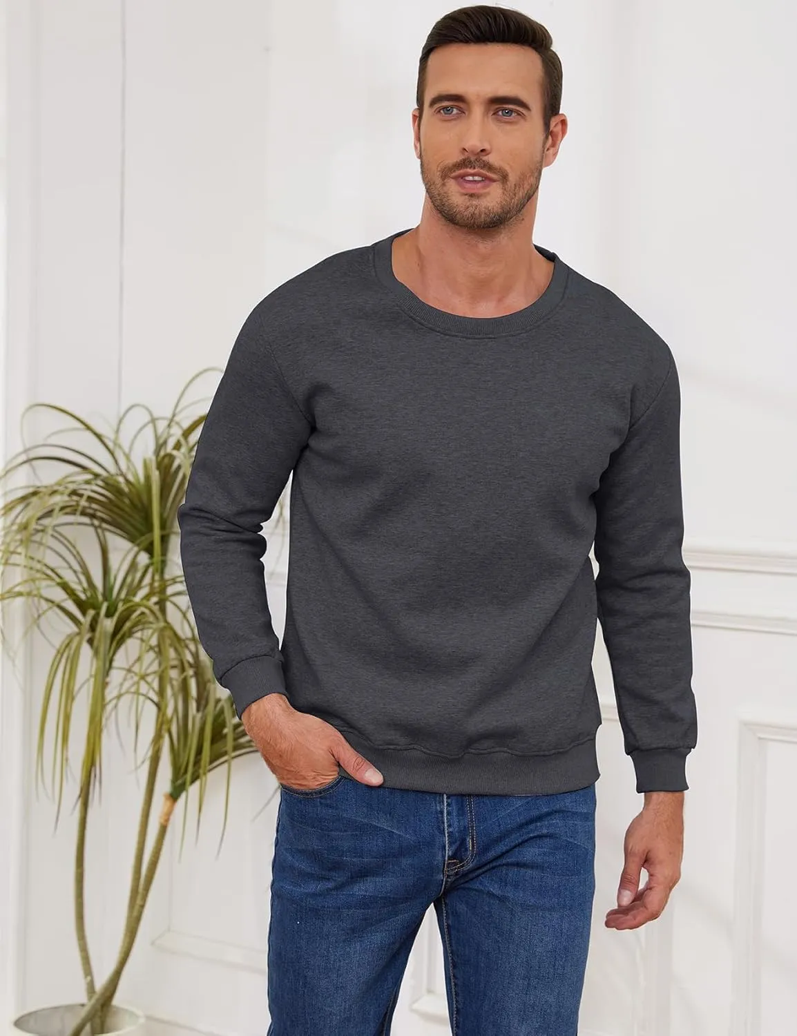 Gihuo Men's Crewneck Sweatshirt Winter Warm Sherpa Lined Pullover Fleece Top Sweatshirt