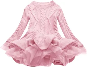 Girls Ribbed Knit Sweaters Dress Long Sleeve Vintage Cable Mini Dress Lace Patchwork Multi Swing Princess Dresses
