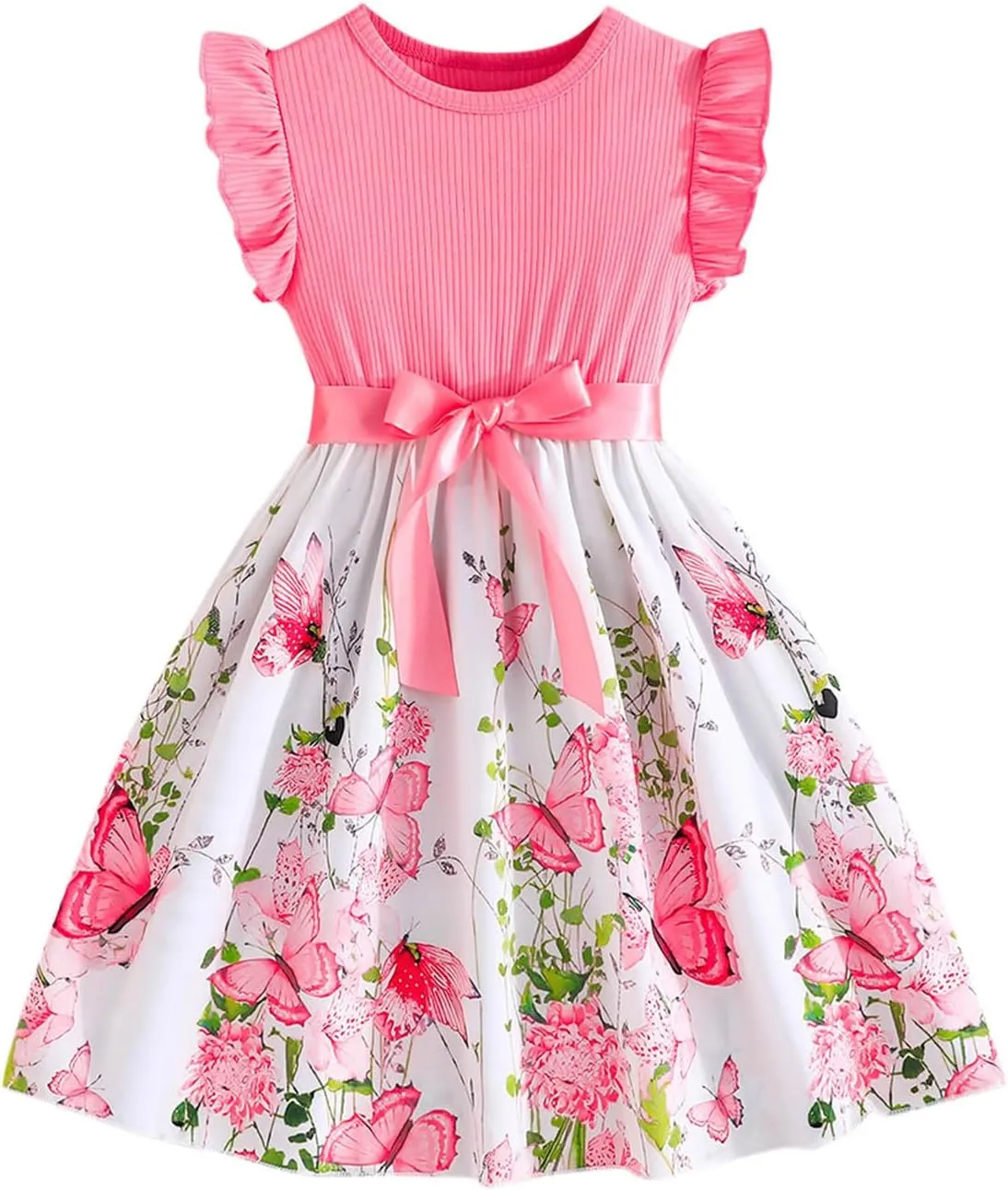 Girls Summer Dress Cute Ruffle Sleeve Crewneck Floral Print Bow Waisted Dresses A Line Birthday Party Dress 3-8 Years