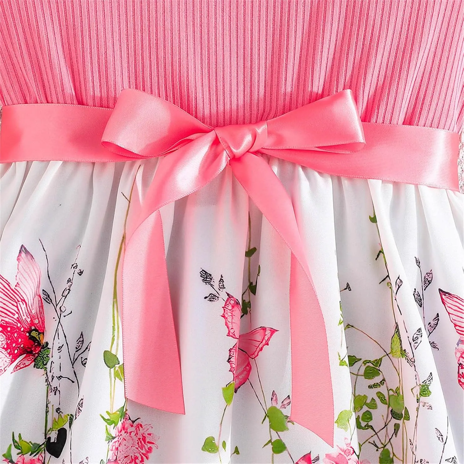 Girls Summer Dress Cute Ruffle Sleeve Crewneck Floral Print Bow Waisted Dresses A Line Birthday Party Dress 3-8 Years