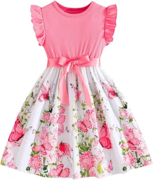 Girls Summer Dress Cute Ruffle Sleeve Crewneck Floral Print Bow Waisted Dresses A Line Birthday Party Dress 3-8 Years