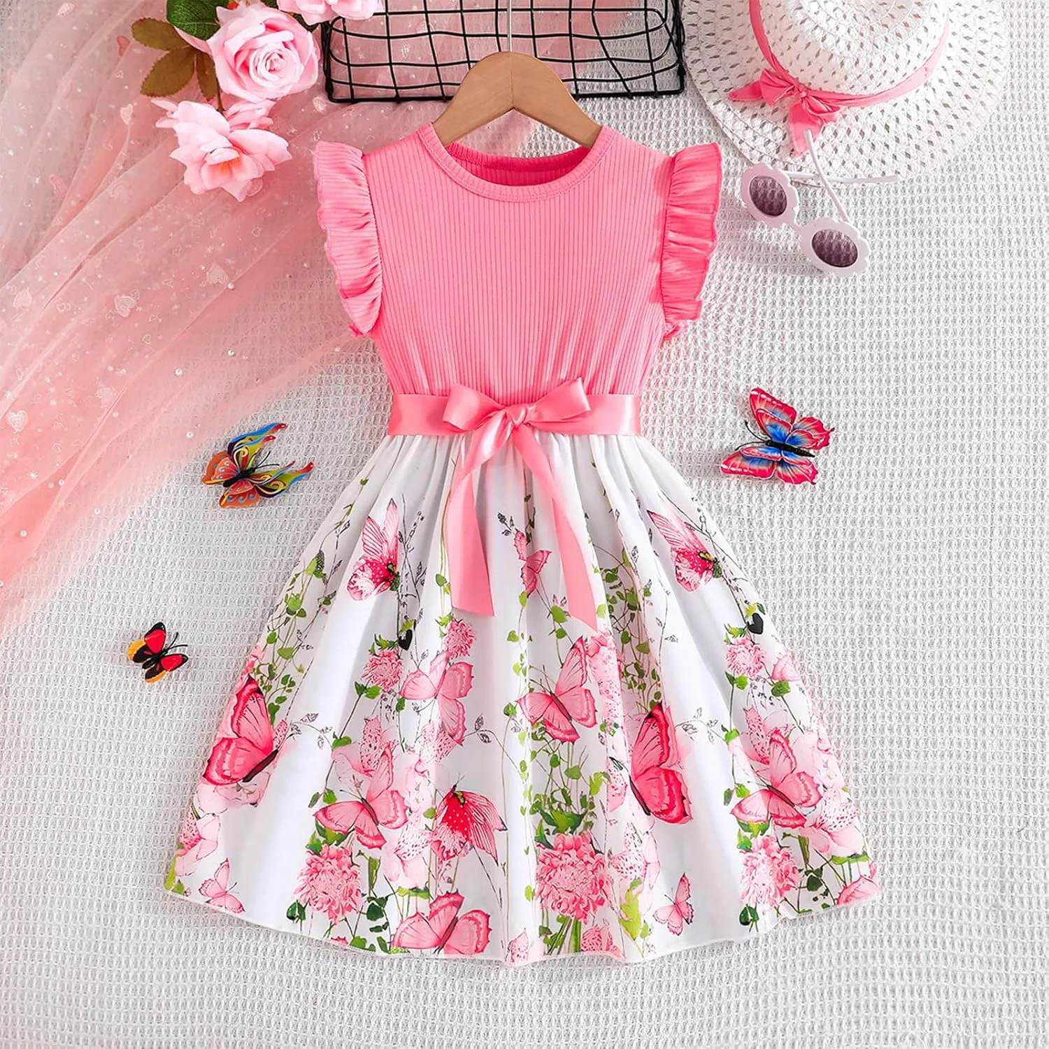 Girls Summer Dress Cute Ruffle Sleeve Crewneck Floral Print Bow Waisted Dresses A Line Birthday Party Dress 3-8 Years