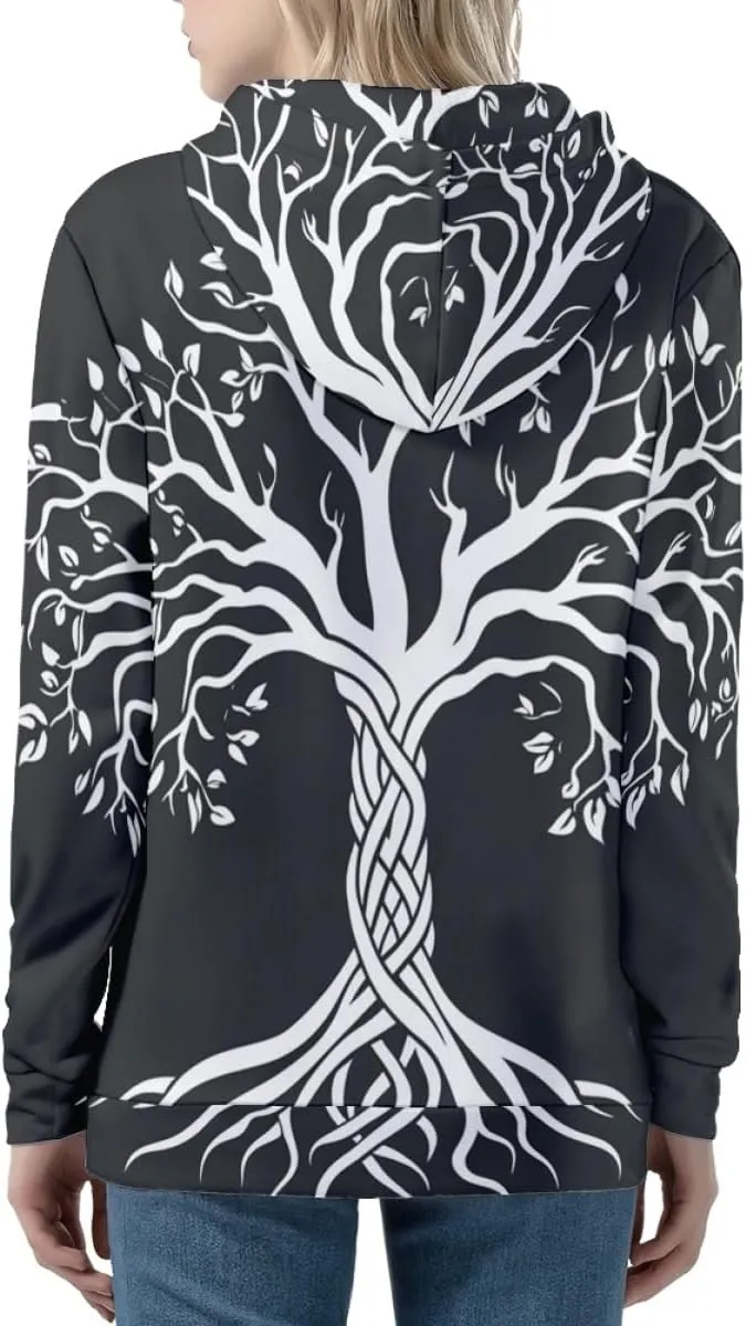 GLUDEAR Women Life Tree Graphic Print Zip Up Hoodies Novelty Viking Long Sleeve Hooded Sweatshirts Oversized Jackets