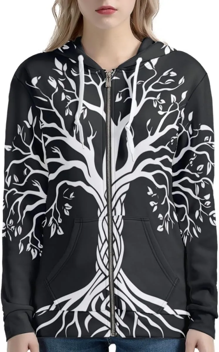 GLUDEAR Women Life Tree Graphic Print Zip Up Hoodies Novelty Viking Long Sleeve Hooded Sweatshirts Oversized Jackets