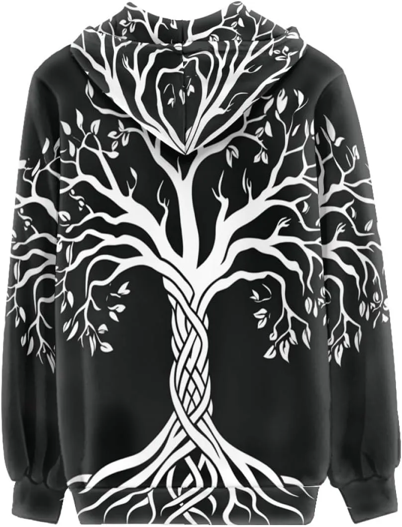 GLUDEAR Women Life Tree Graphic Print Zip Up Hoodies Novelty Viking Long Sleeve Hooded Sweatshirts Oversized Jackets
