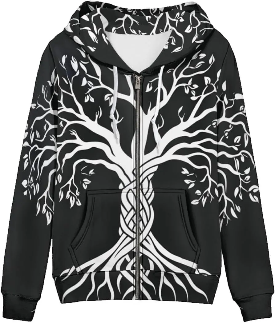 GLUDEAR Women Life Tree Graphic Print Zip Up Hoodies Novelty Viking Long Sleeve Hooded Sweatshirts Oversized Jackets