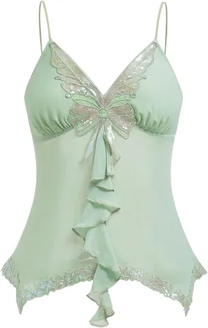GORGLITTER Women's Butterfly Embroidered Lace Y2K Cami Top Asymmetrical Coquette Camisole Tops
