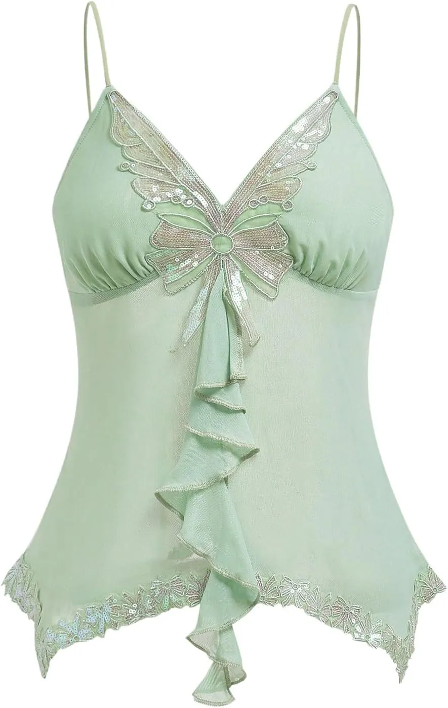GORGLITTER Women's Butterfly Embroidered Lace Y2K Cami Top Asymmetrical Coquette Camisole Tops