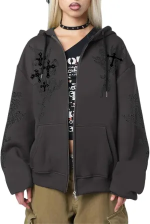 Goth Zip Up Hoodie Women Grunge Cross Graphic Jacket Y2k Aesthetic Zipper Hoodies Vintage Harajuku Sweatshirt Unisex
