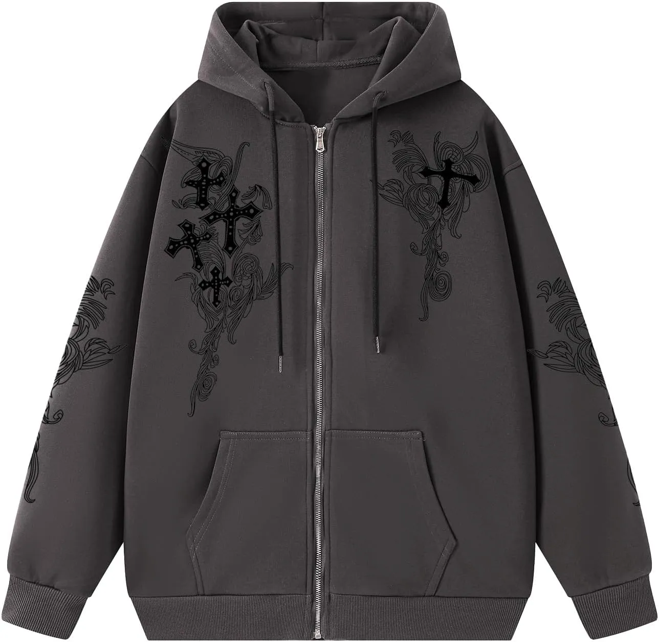 Goth Zip Up Hoodie Women Grunge Cross Graphic Jacket Y2k Aesthetic Zipper Hoodies Vintage Harajuku Sweatshirt Unisex