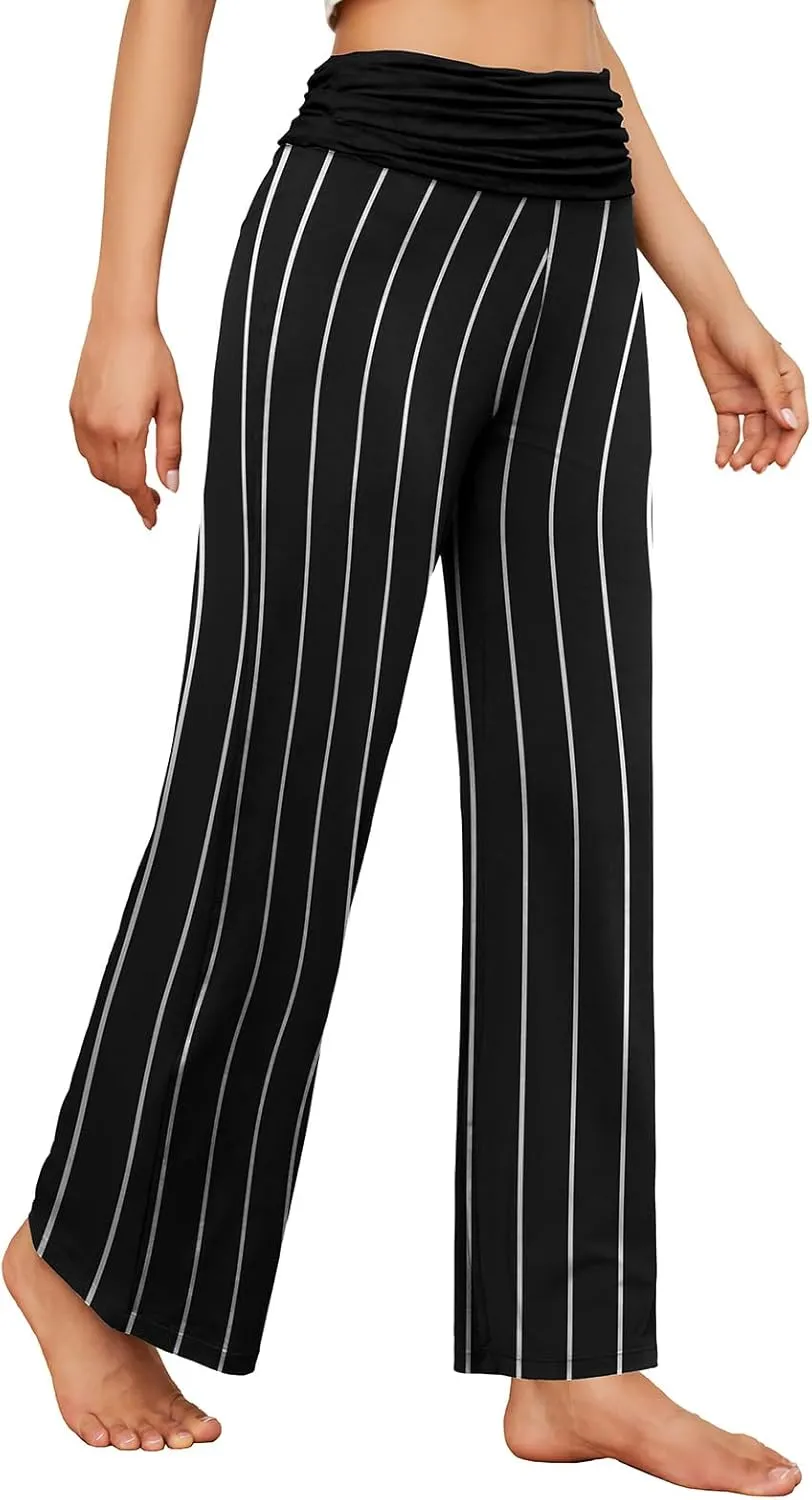Gracyoga Women's Comfy Pajama Pants Wide Leg Lounge Palazzo Yoga Pants Stretch Casual Floral Print Fold Waist Pants