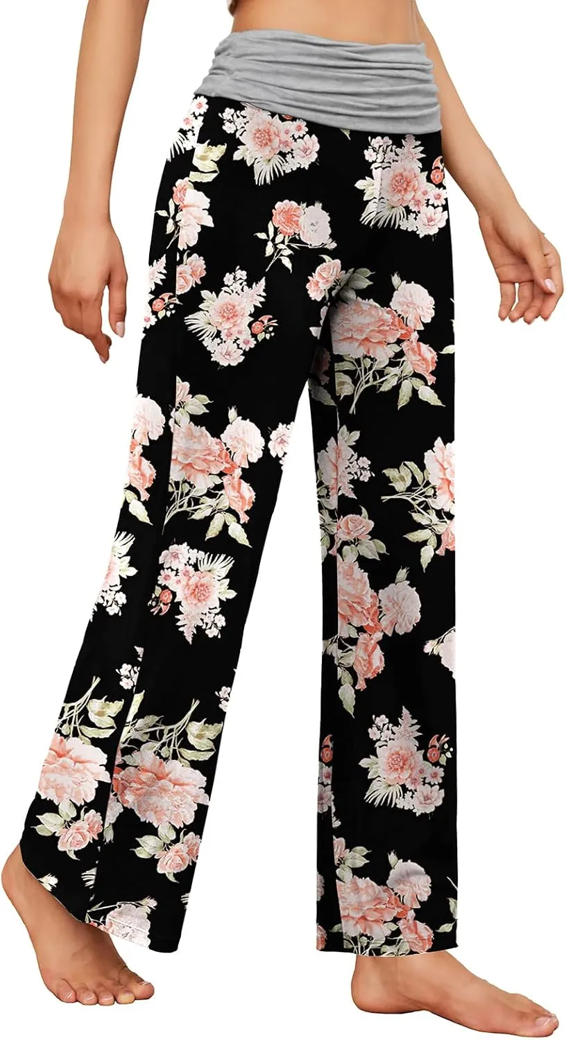 Gracyoga Women's Comfy Pajama Pants Wide Leg Lounge Palazzo Yoga Pants Stretch Casual Floral Print Fold Waist Pants
