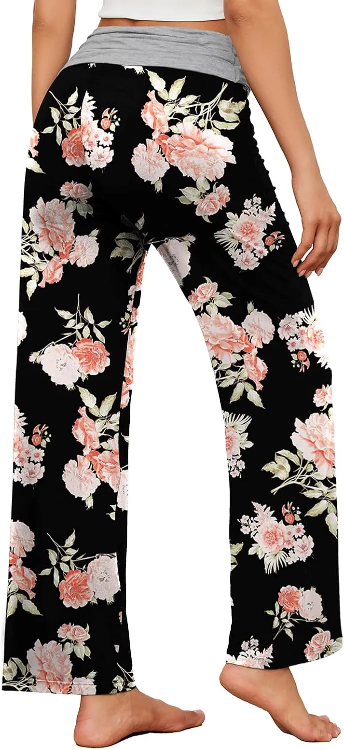 Gracyoga Women's Comfy Pajama Pants Wide Leg Lounge Palazzo Yoga Pants Stretch Casual Floral Print Fold Waist Pants