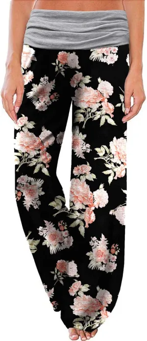 Gracyoga Women's Comfy Pajama Pants Wide Leg Lounge Palazzo Yoga Pants Stretch Casual Floral Print Fold Waist Pants