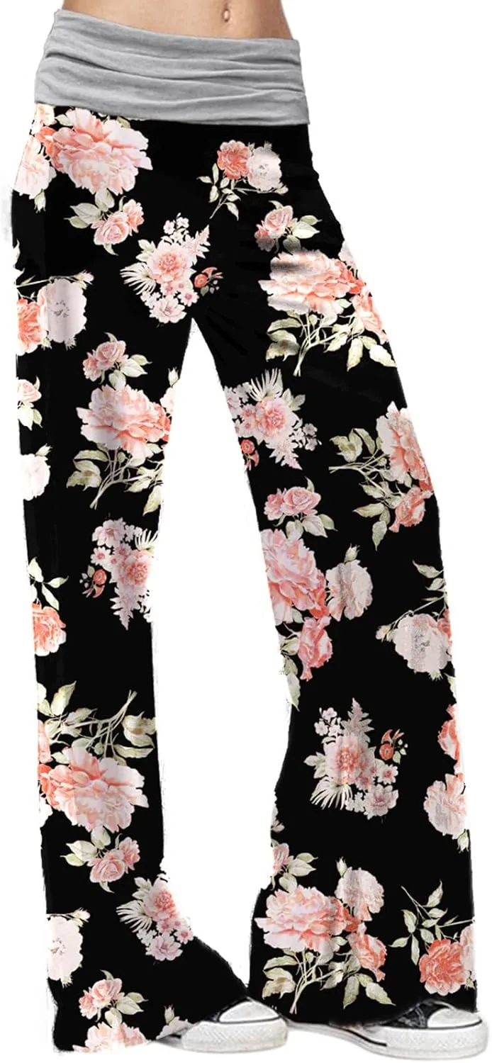 Gracyoga Women's Comfy Pajama Pants Wide Leg Lounge Palazzo Yoga Pants Stretch Casual Floral Print Fold Waist Pants