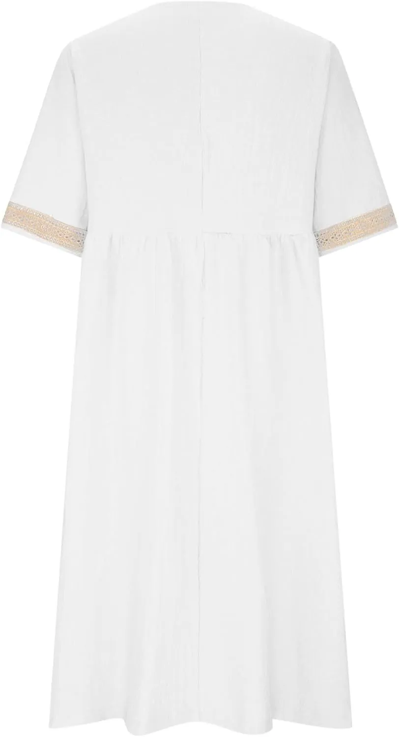 Graduation Dresses for Women 2025 Short Sleeve Dress V Neck Lace Boho Sundress Preppy Fashion Summer Sundresses