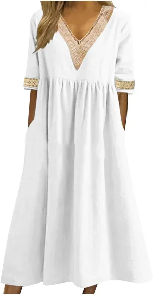 Graduation Dresses for Women 2025 Short Sleeve Dress V Neck Lace Boho Sundress Preppy Fashion Summer Sundresses