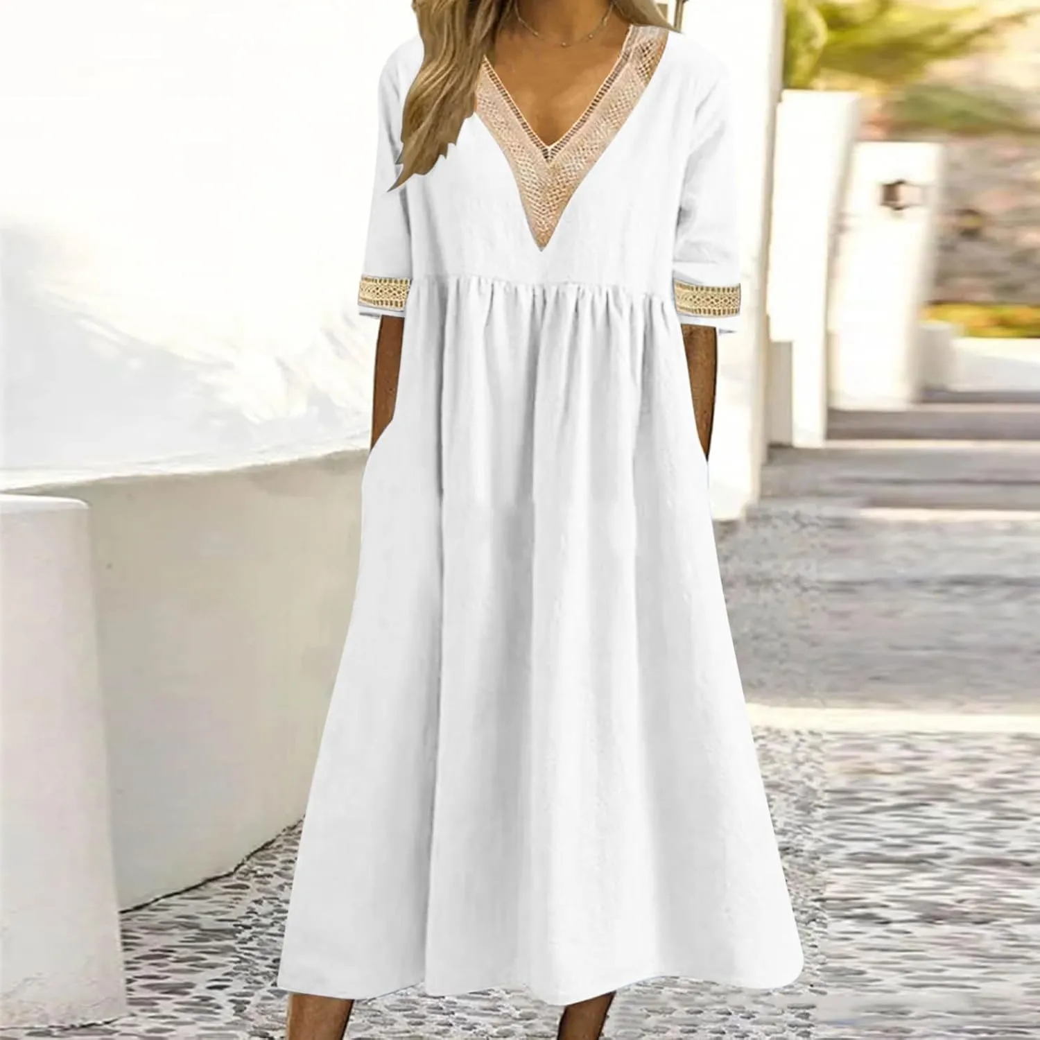 Graduation Dresses for Women 2025 Short Sleeve Dress V Neck Lace Boho Sundress Preppy Fashion Summer Sundresses