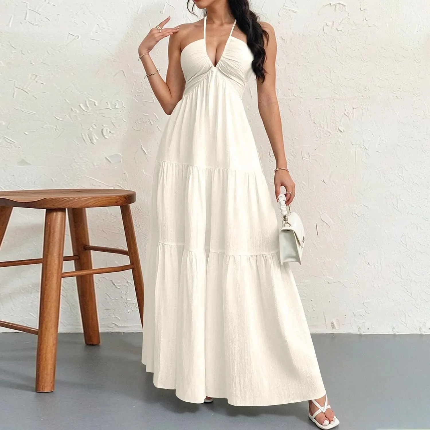 Halter Neck Dresses for Women 2025 Backless Deep V Neck Maxi Sundress a Line Empire Waist Spaghetti Strap Dress