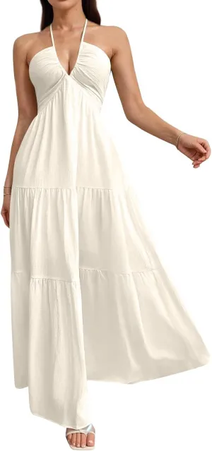 Halter Neck Dresses for Women 2025 Backless Deep V Neck Maxi Sundress a Line Empire Waist Spaghetti Strap Dress