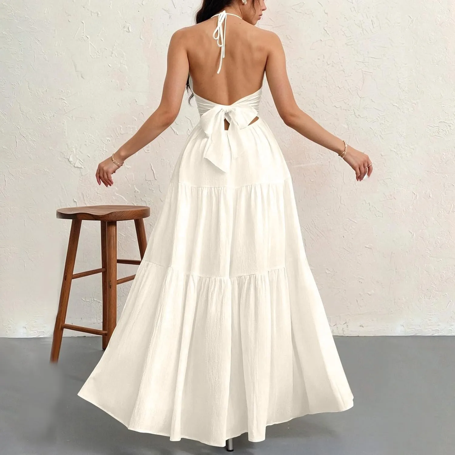 Halter Neck Dresses for Women 2025 Backless Deep V Neck Maxi Sundress a Line Empire Waist Spaghetti Strap Dress