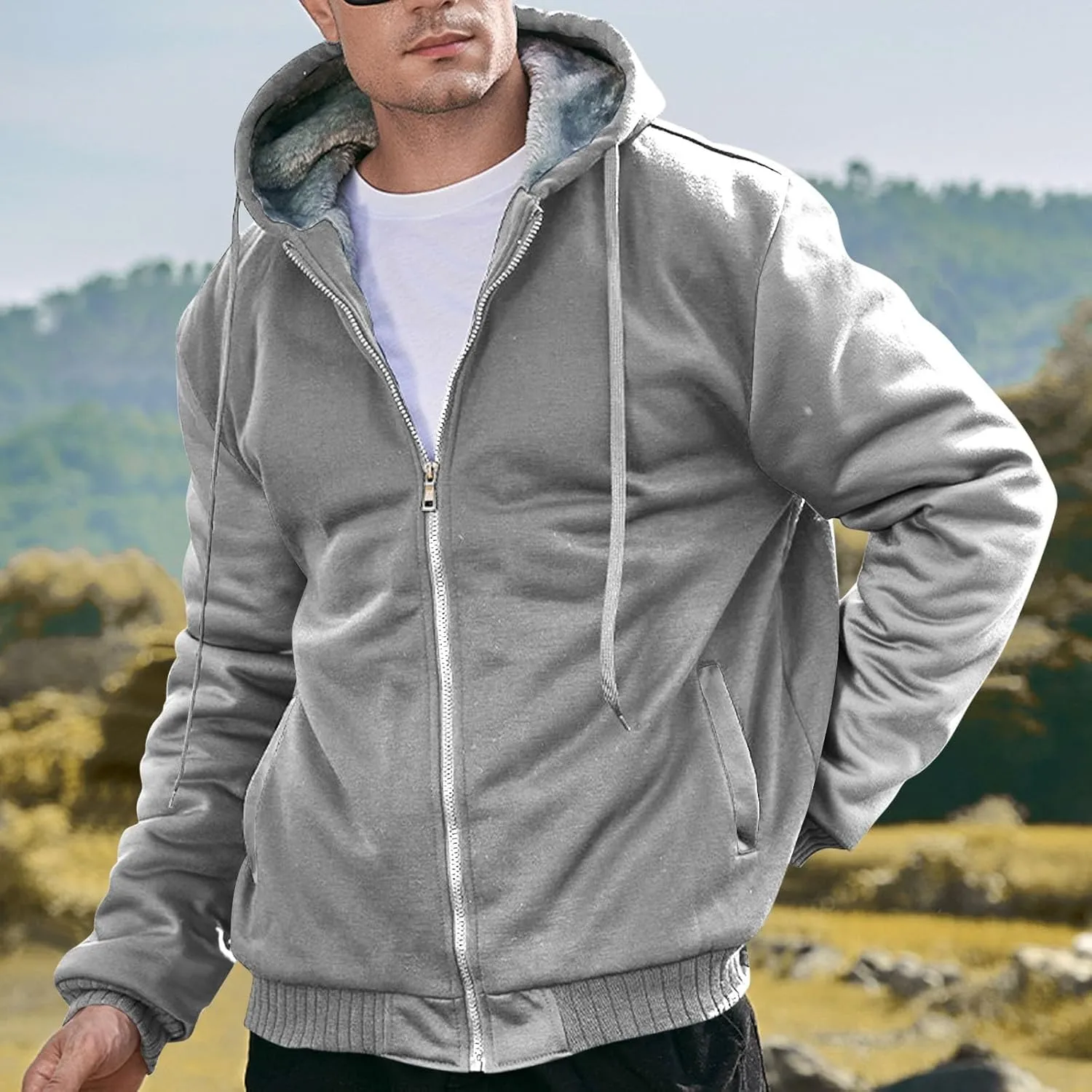 Heavyweight Fleece Hoodies for Men Full Zip Thick Sherpa Lined Sweatshirt Winter Warm Contrast Jackets with Pockets