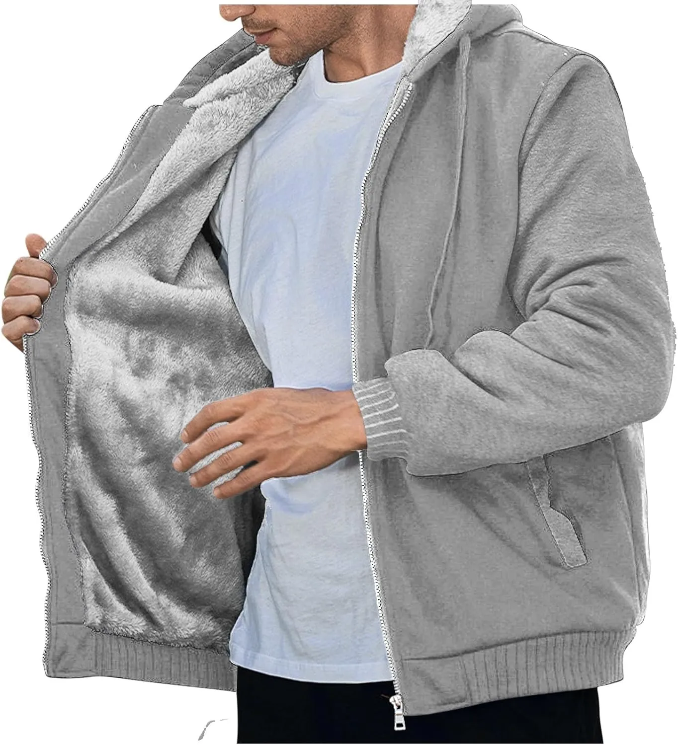 Heavyweight Fleece Hoodies for Men Full Zip Thick Sherpa Lined Sweatshirt Winter Warm Contrast Jackets with Pockets