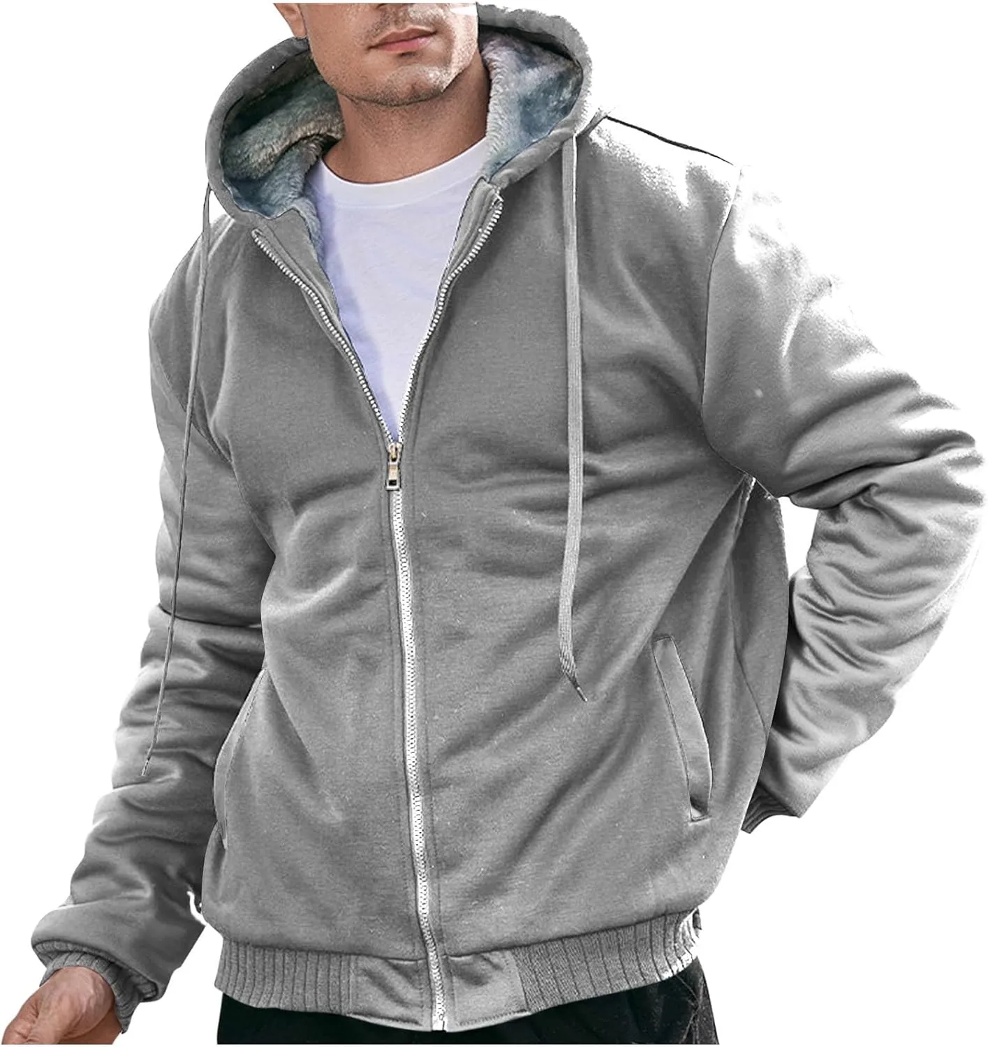 Heavyweight Fleece Hoodies for Men Full Zip Thick Sherpa Lined Sweatshirt Winter Warm Contrast Jackets with Pockets