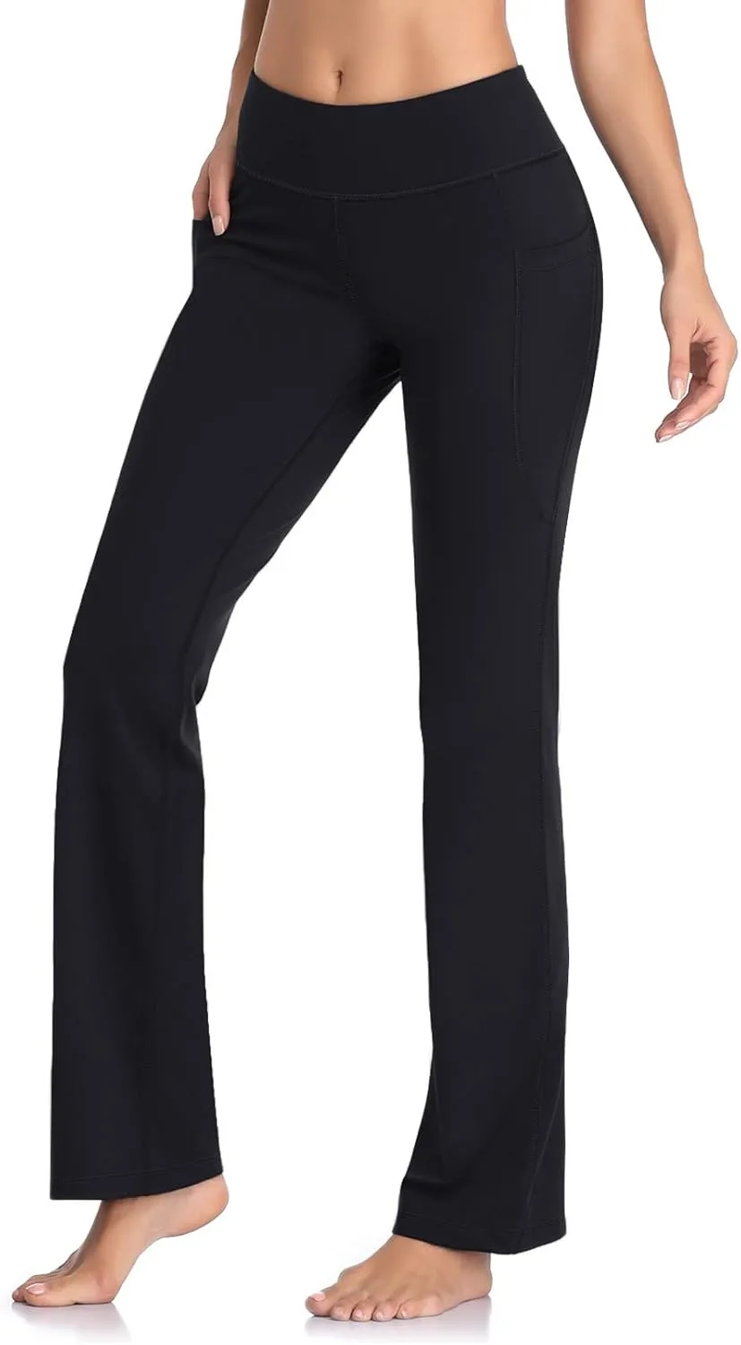 HISKYWIN Inner Pocket Yoga Pants 4 Way Stretch Tummy Control Workout Running Pants, Long Bootleg Flare Pants