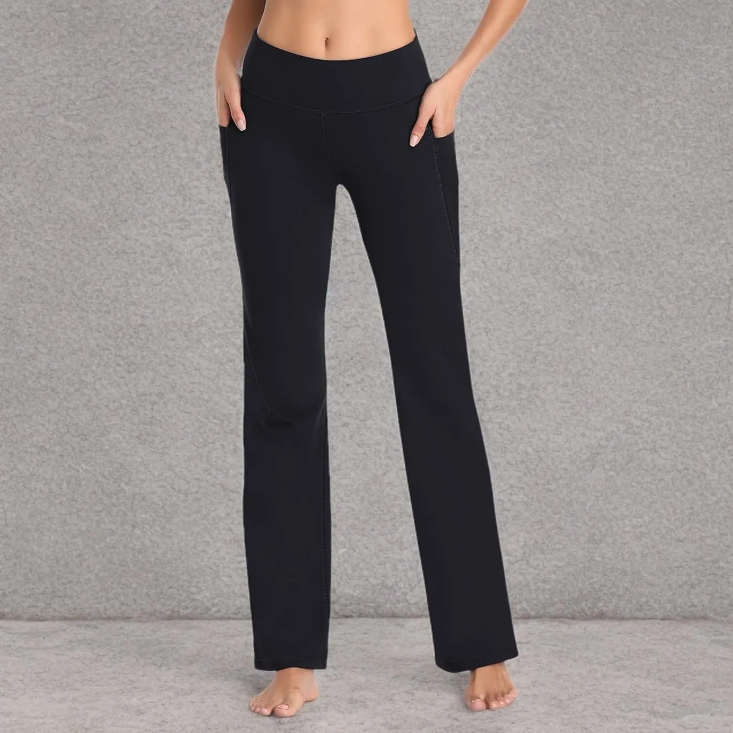 HISKYWIN Inner Pocket Yoga Pants 4 Way Stretch Tummy Control Workout Running Pants, Long Bootleg Flare Pants