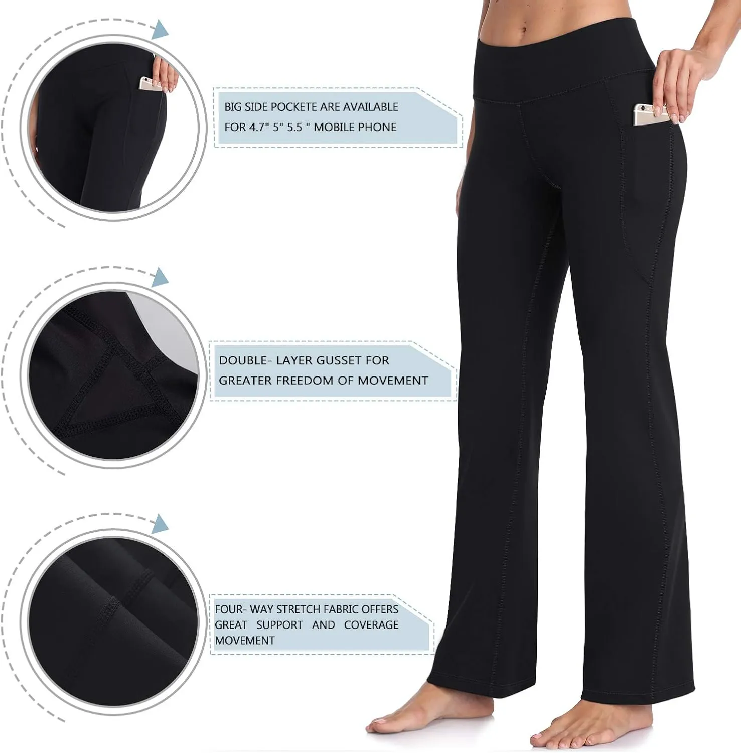 HISKYWIN Inner Pocket Yoga Pants 4 Way Stretch Tummy Control Workout Running Pants, Long Bootleg Flare Pants