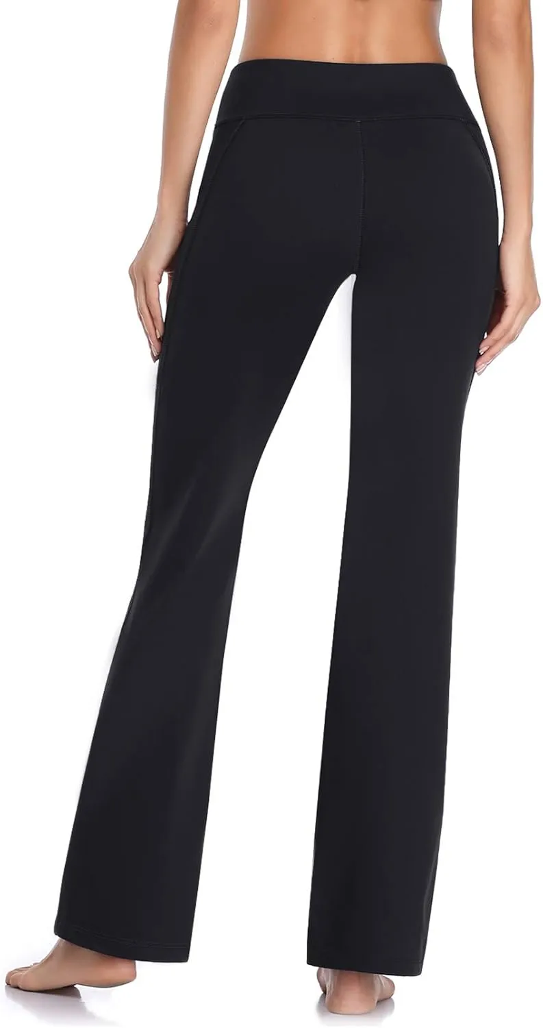HISKYWIN Inner Pocket Yoga Pants 4 Way Stretch Tummy Control Workout Running Pants, Long Bootleg Flare Pants