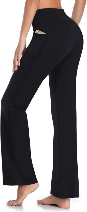 HISKYWIN Inner Pocket Yoga Pants 4 Way Stretch Tummy Control Workout Running Pants, Long Bootleg Flare Pants