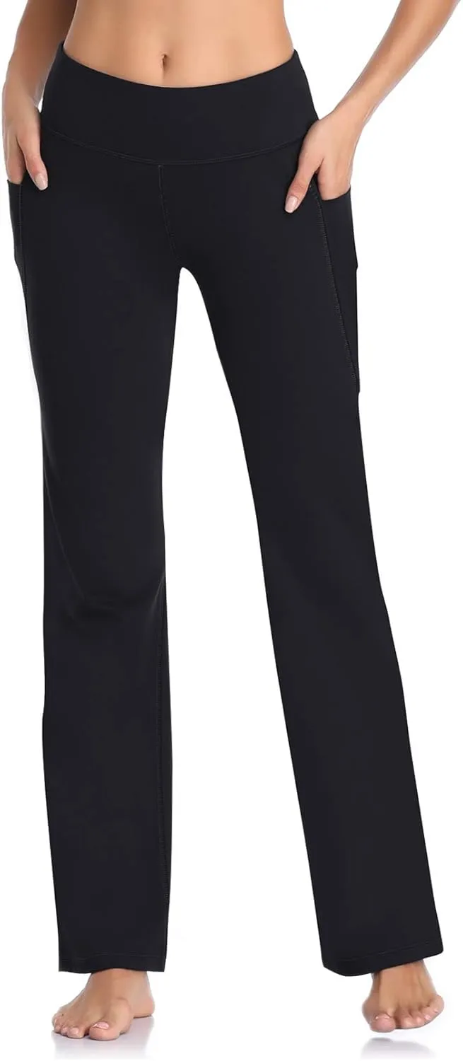 HISKYWIN Inner Pocket Yoga Pants 4 Way Stretch Tummy Control Workout Running Pants, Long Bootleg Flare Pants