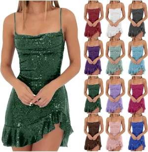 Homecoming Dress for Teens 2025 Spaghetti Straps Mini Dress Glitter Irregular Ruffle Hem Cocktail Party Dresses