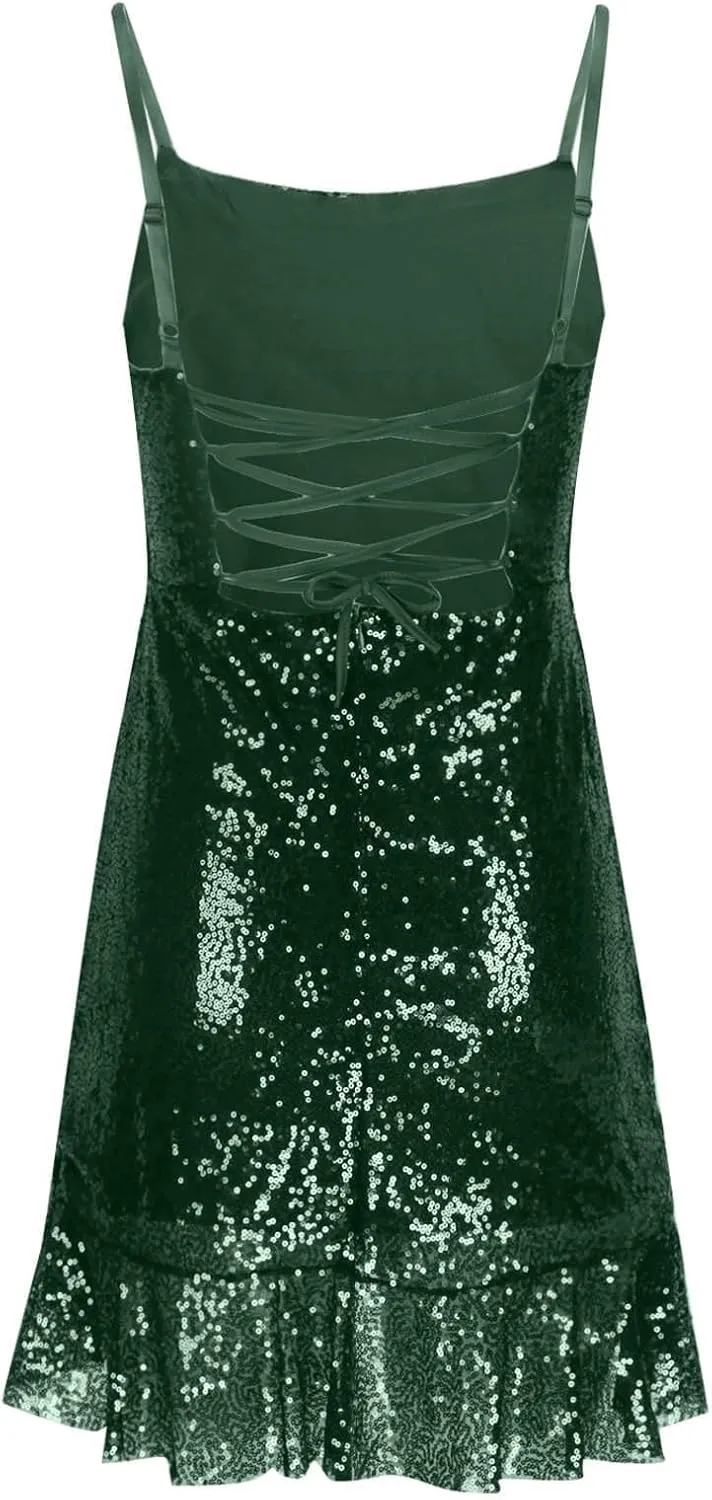 Homecoming Dress for Teens 2025 Spaghetti Straps Mini Dress Glitter Irregular Ruffle Hem Cocktail Party Dresses