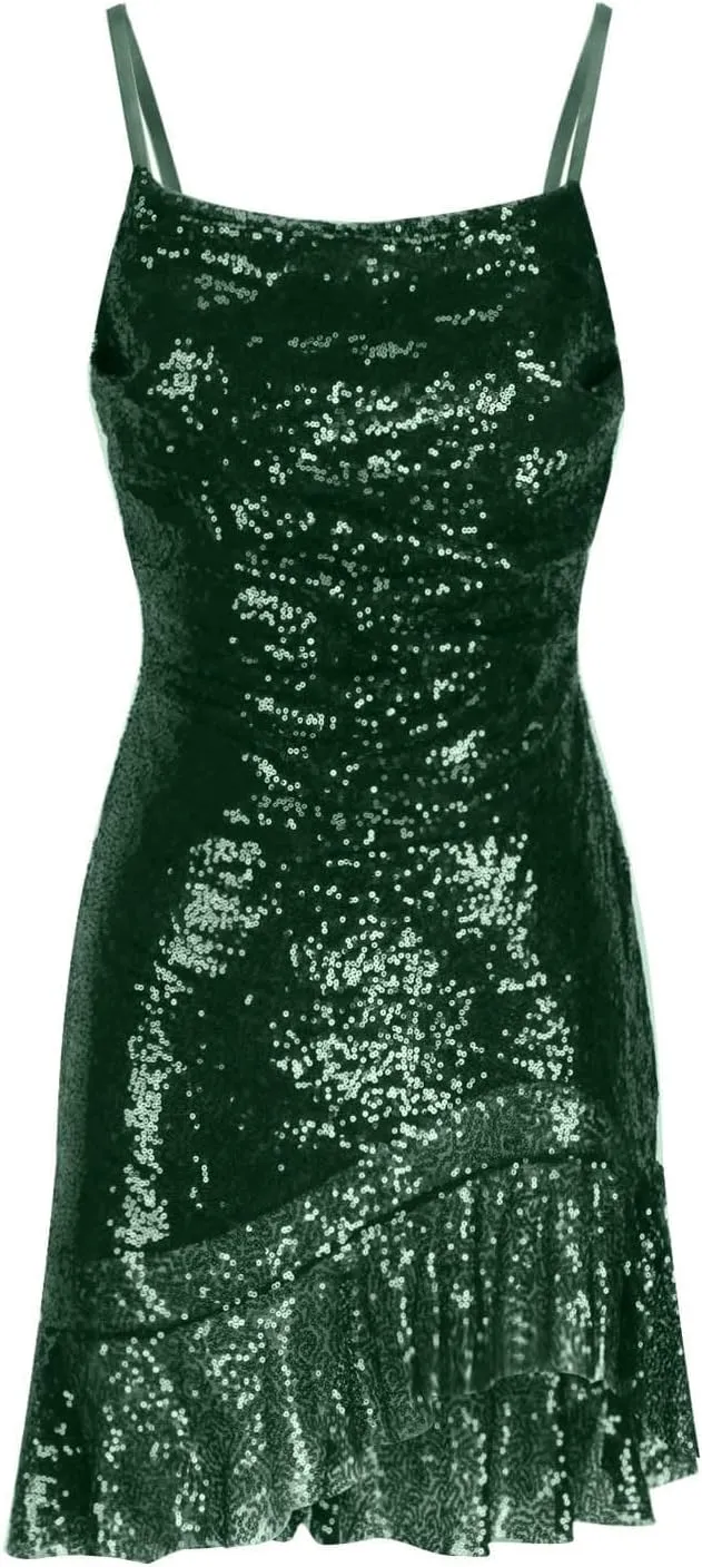 Homecoming Dress for Teens 2025 Spaghetti Straps Mini Dress Glitter Irregular Ruffle Hem Cocktail Party Dresses