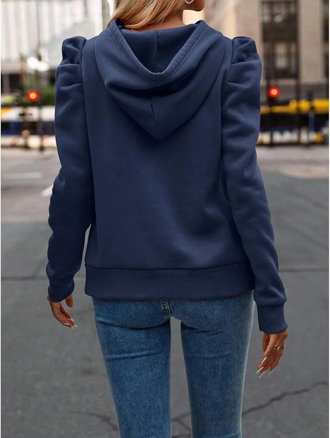 Hoodies for Women Drawstring Puff Long Sleeve Sweatshirt Casual Loose Fit Hooded Neck Pullover Sweater
