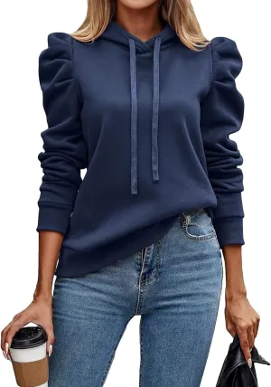 Hoodies for Women Drawstring Puff Long Sleeve Sweatshirt Casual Loose Fit Hooded Neck Pullover Sweater