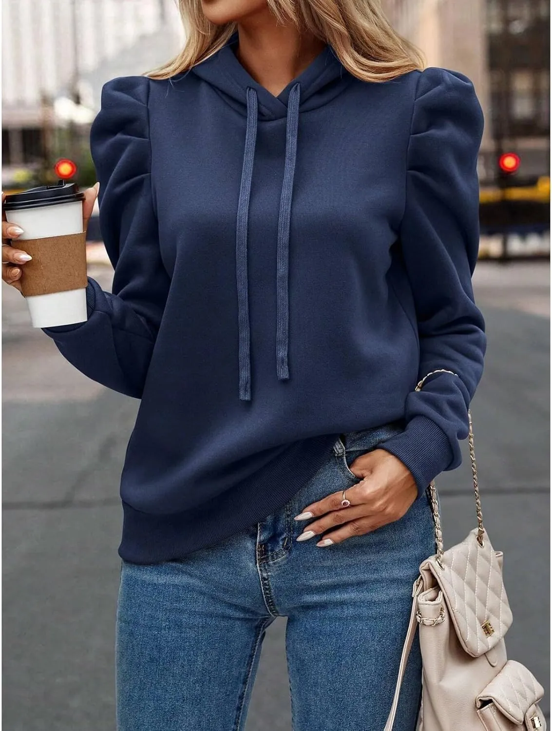 Hoodies for Women Drawstring Puff Long Sleeve Sweatshirt Casual Loose Fit Hooded Neck Pullover Sweater