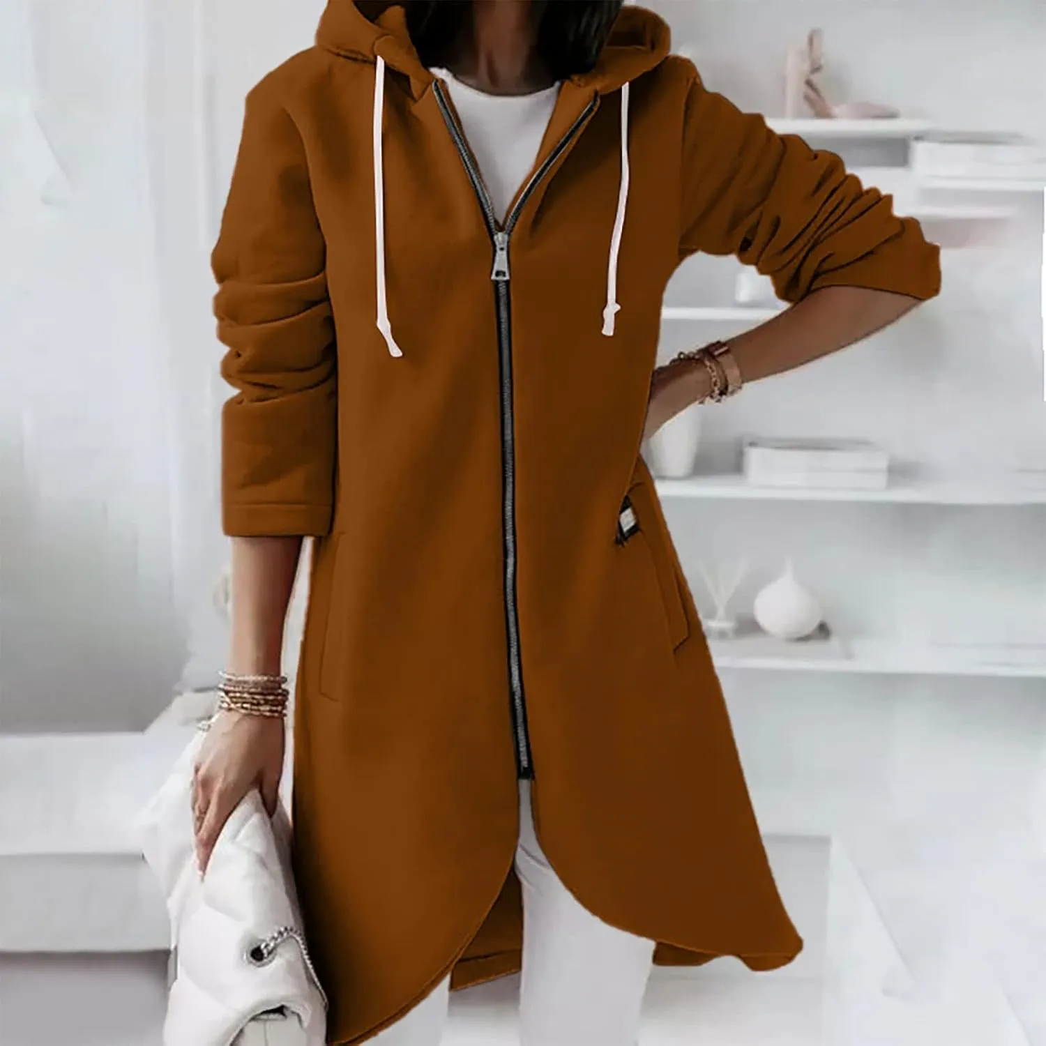 Hoodies for Women Zip up Knee Length Long Hoodies Casual Loose Solid Hooded Jackets Oversized Sweatshirts with Pocket