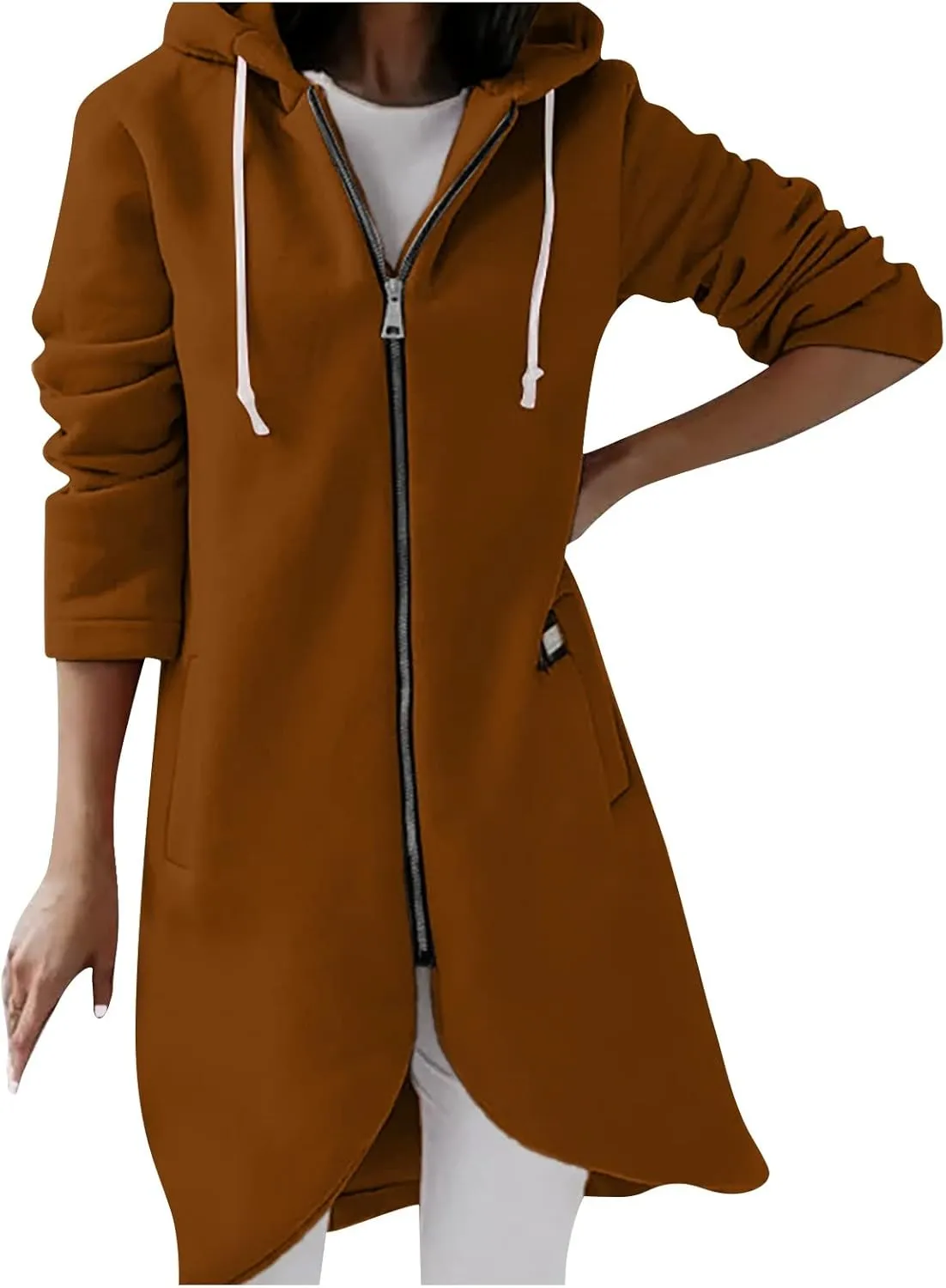 Hoodies for Women Zip up Knee Length Long Hoodies Casual Loose Solid Hooded Jackets Oversized Sweatshirts with Pocket