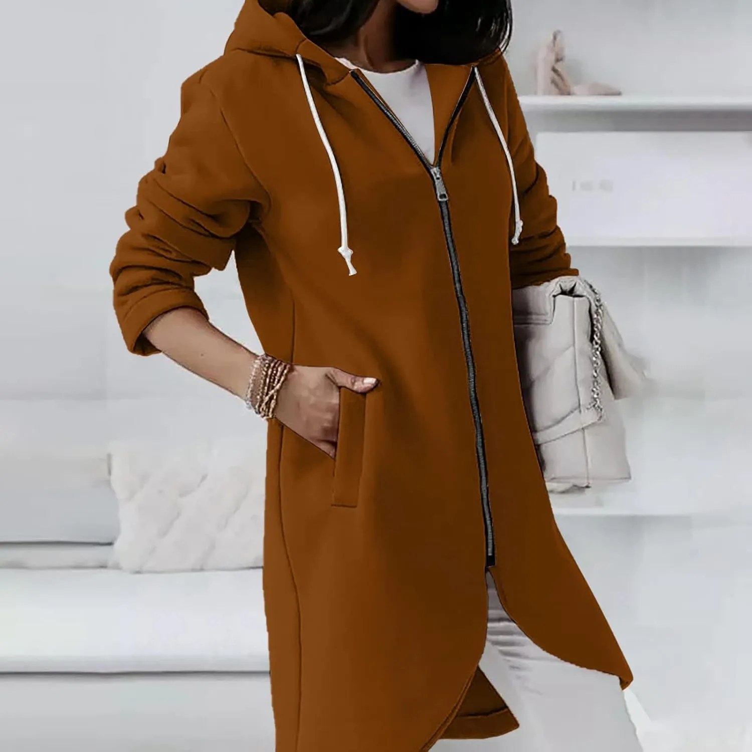 Hoodies for Women Zip up Knee Length Long Hoodies Casual Loose Solid Hooded Jackets Oversized Sweatshirts with Pocket