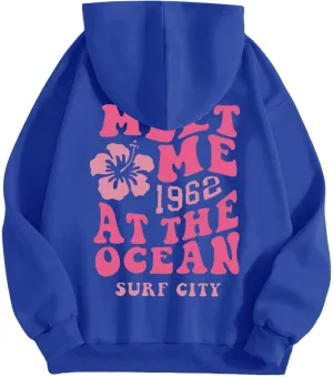 hoodies for women,Preppy Casual Letter Floral Print Sweatshirt Drawstring Oversized Graphic Pullover Cute Hoodies