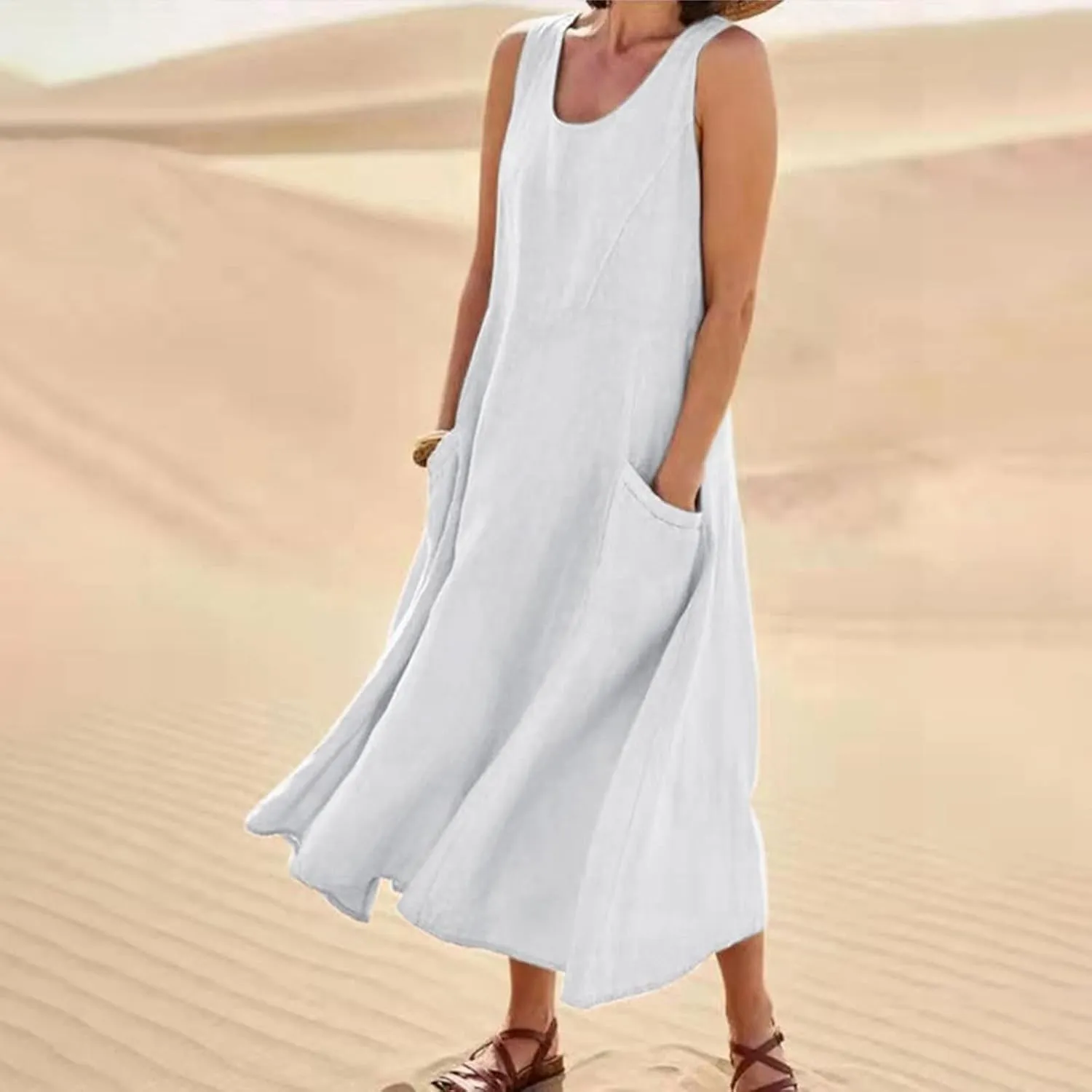 HXHYQKP Dress for Women 2024 Summer Tank Dress Sleeveless Loose Scoop Neck Long Flowy Beach Swing Sundress with Pocket