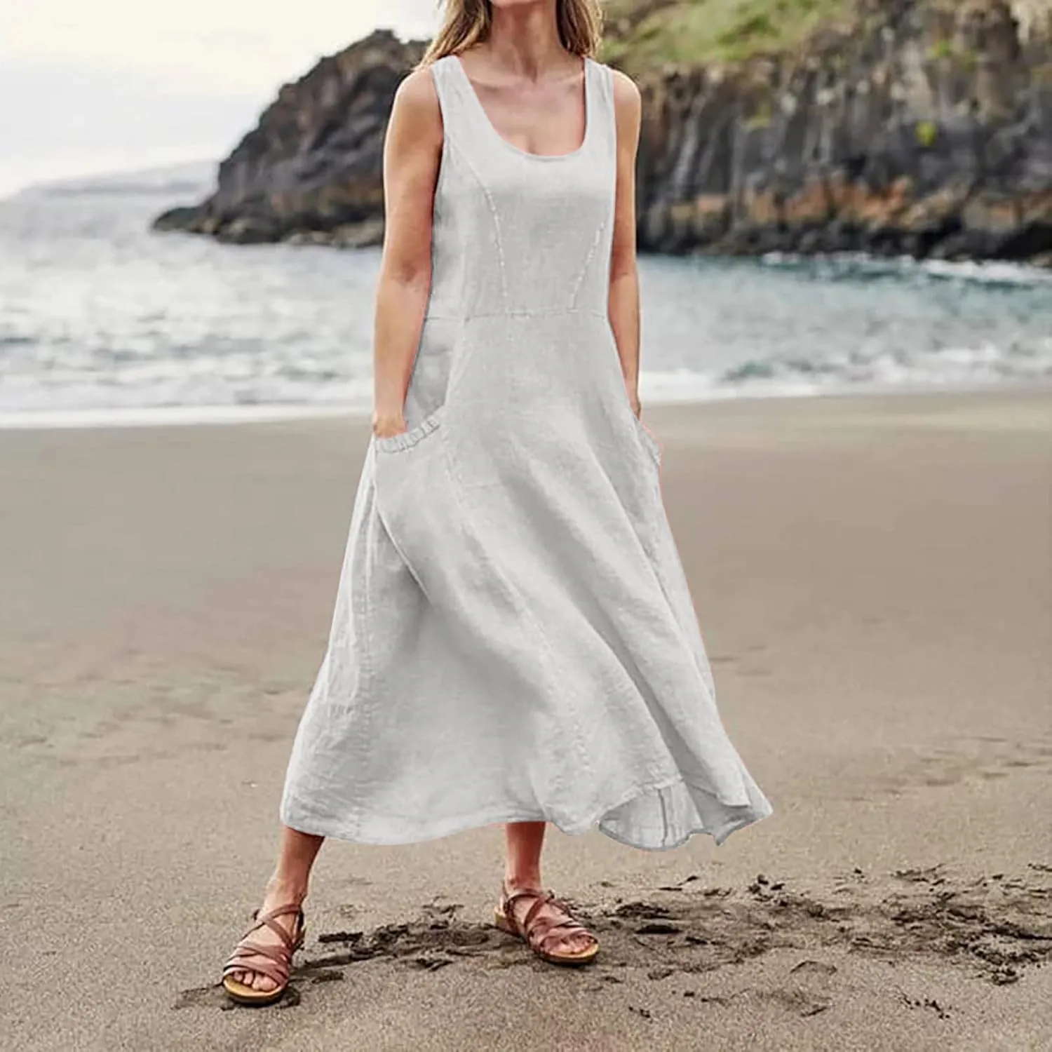 HXHYQKP Dress for Women 2024 Summer Tank Dress Sleeveless Loose Scoop Neck Long Flowy Beach Swing Sundress with Pocket