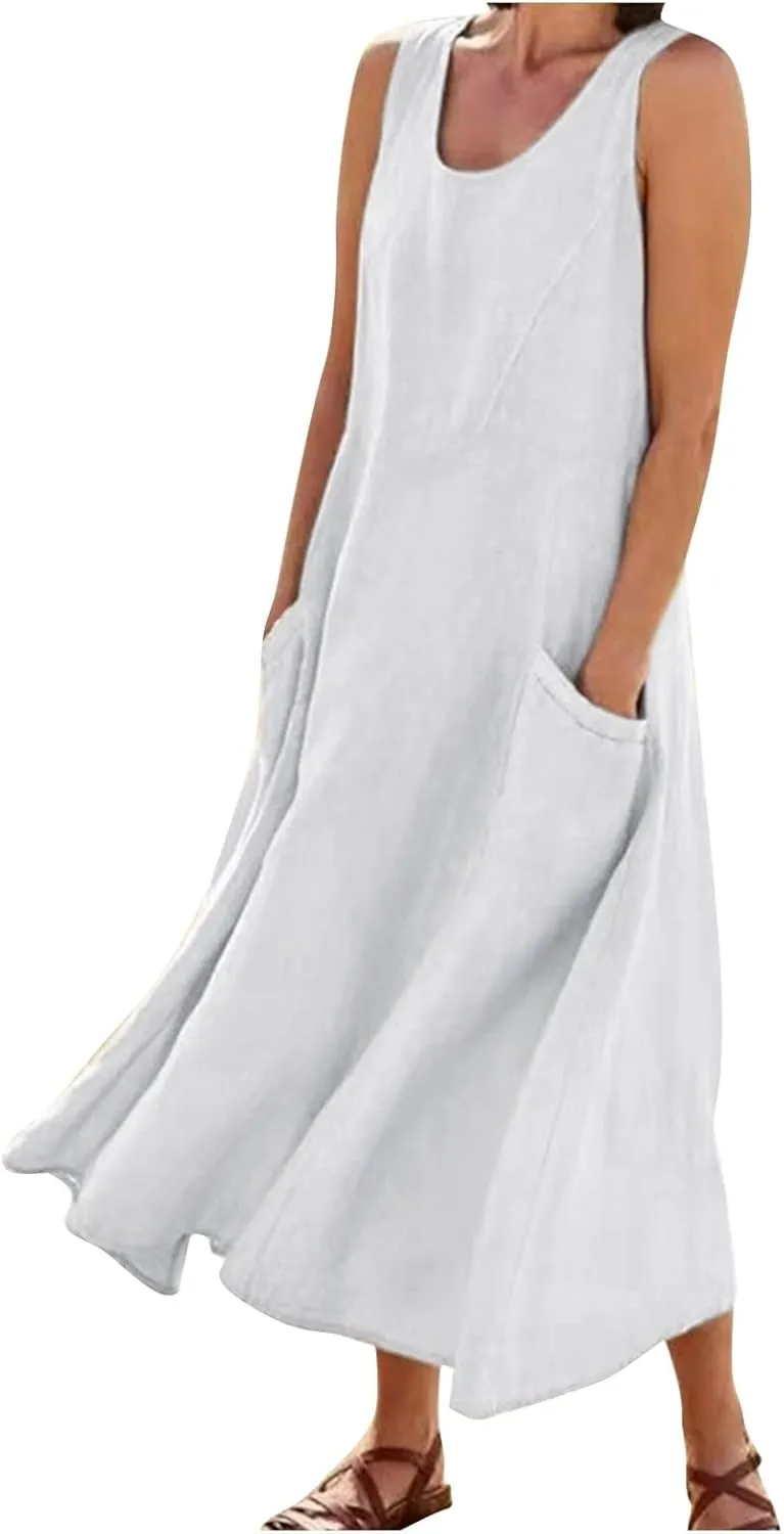 HXHYQKP Dress for Women 2024 Summer Tank Dress Sleeveless Loose Scoop Neck Long Flowy Beach Swing Sundress with Pocket